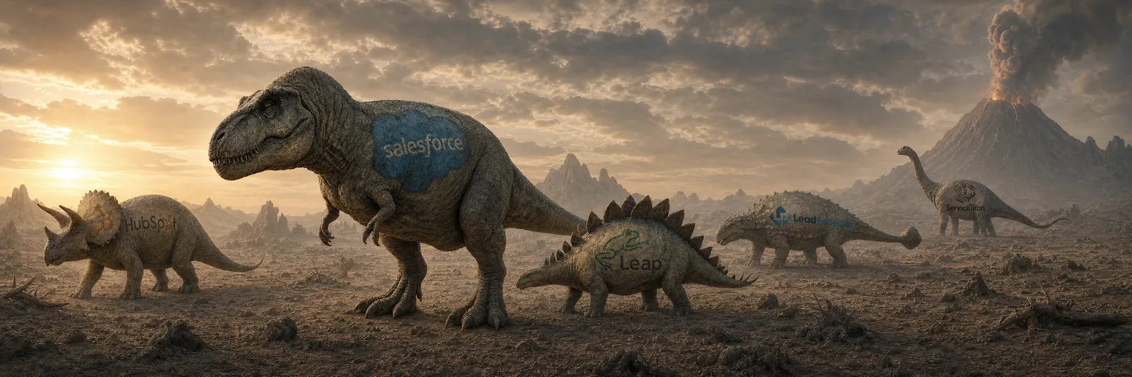 Five aging software dinosaurs roaming a dusty prehistoric landscape, each branded with a legacy SaaS logo blended into its skin, with a smoking volcano on the horizon.
