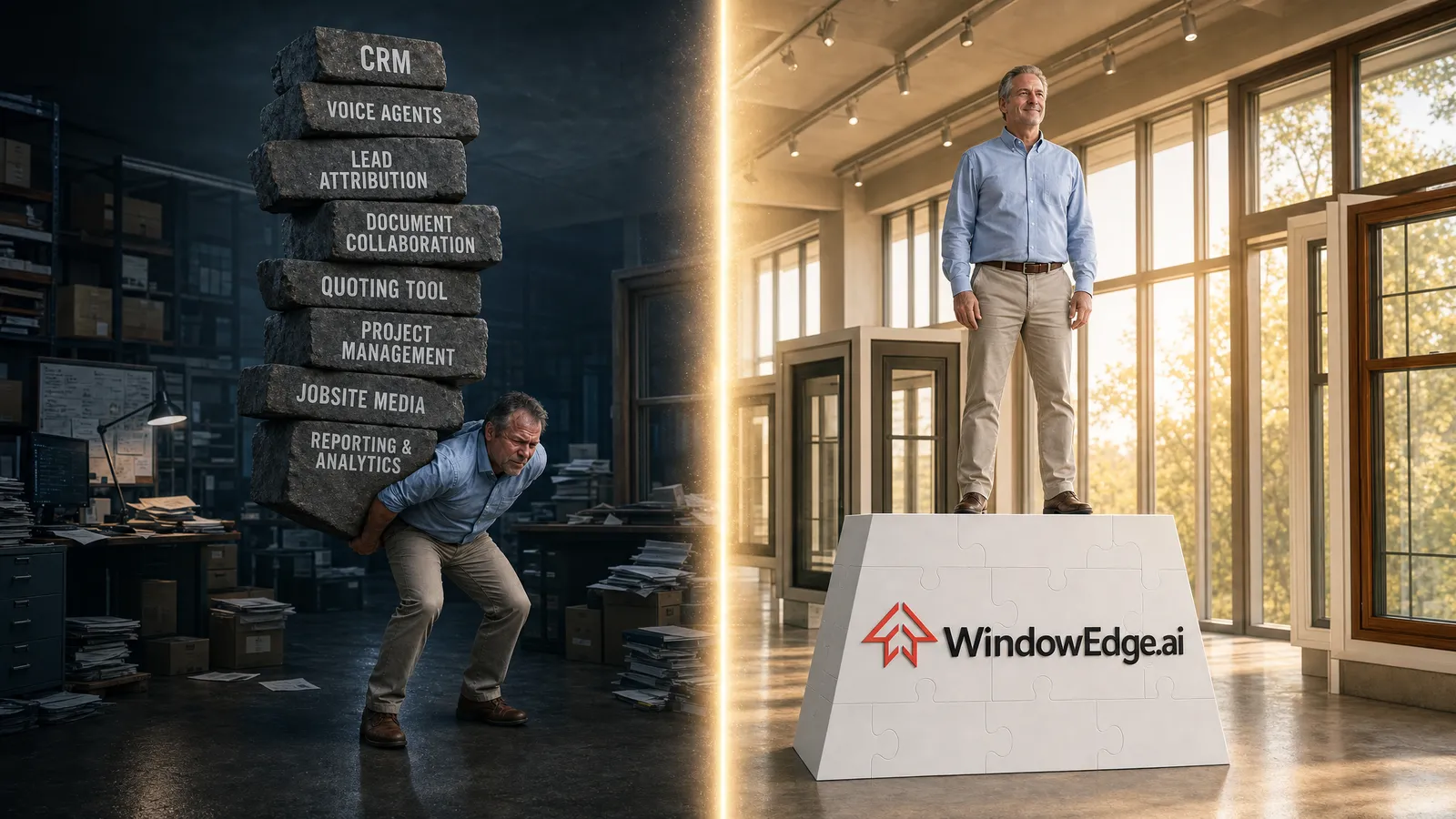 The same window and door dealer crushed under a precarious tower of mismatched labeled blocks (CRM, Voice Agents, Lead Attribution, Document Collaboration, Quoting Tool, Project Management, Jobsite Media, Reporting & Analytics) on the left, and standing tall and confident on a clean white WindowEdge.ai puzzle-piece pedestal in a sunlit modern showroom on the right.