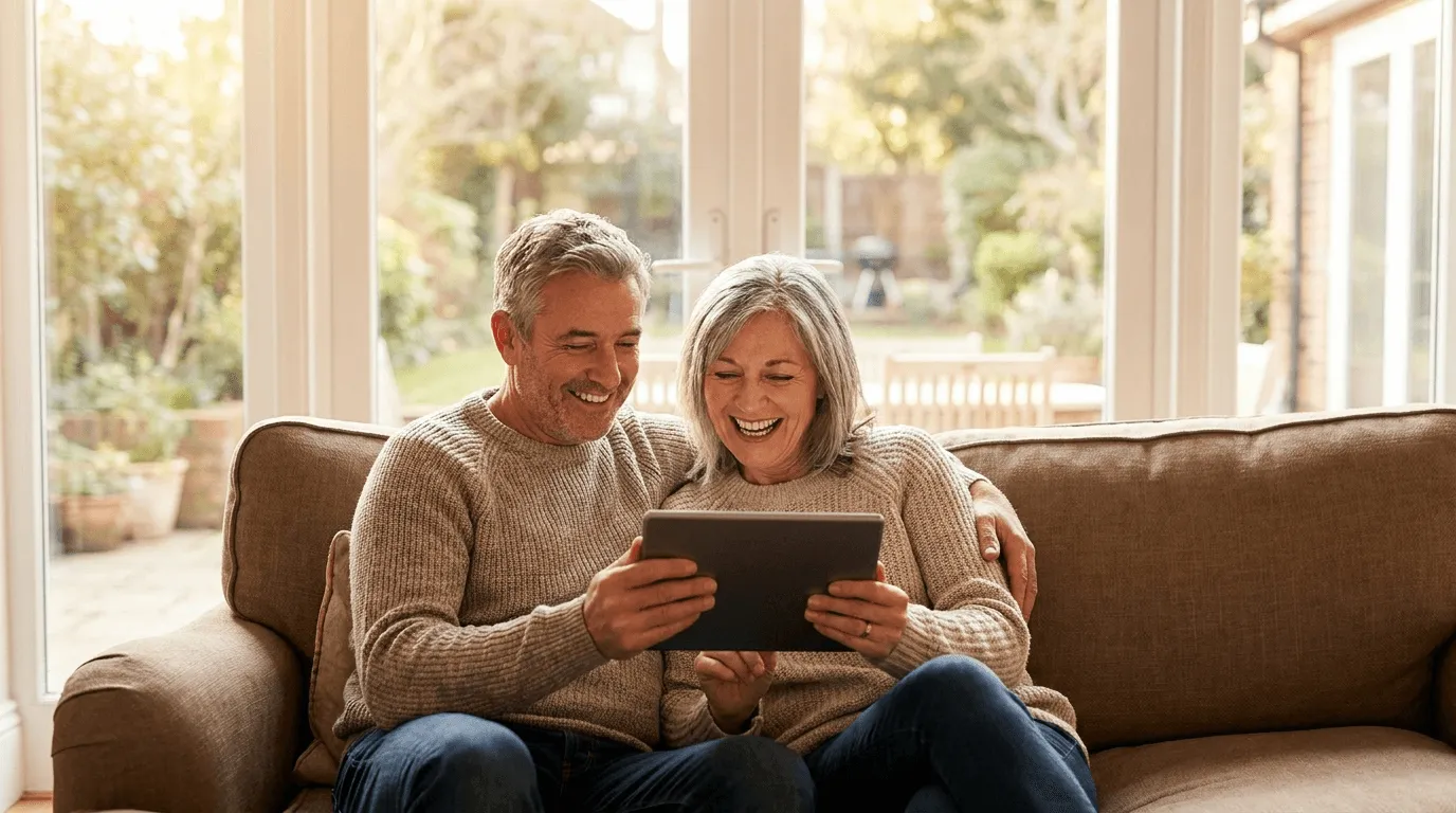 A homeowner couple checking their project status on a tablet from the couch