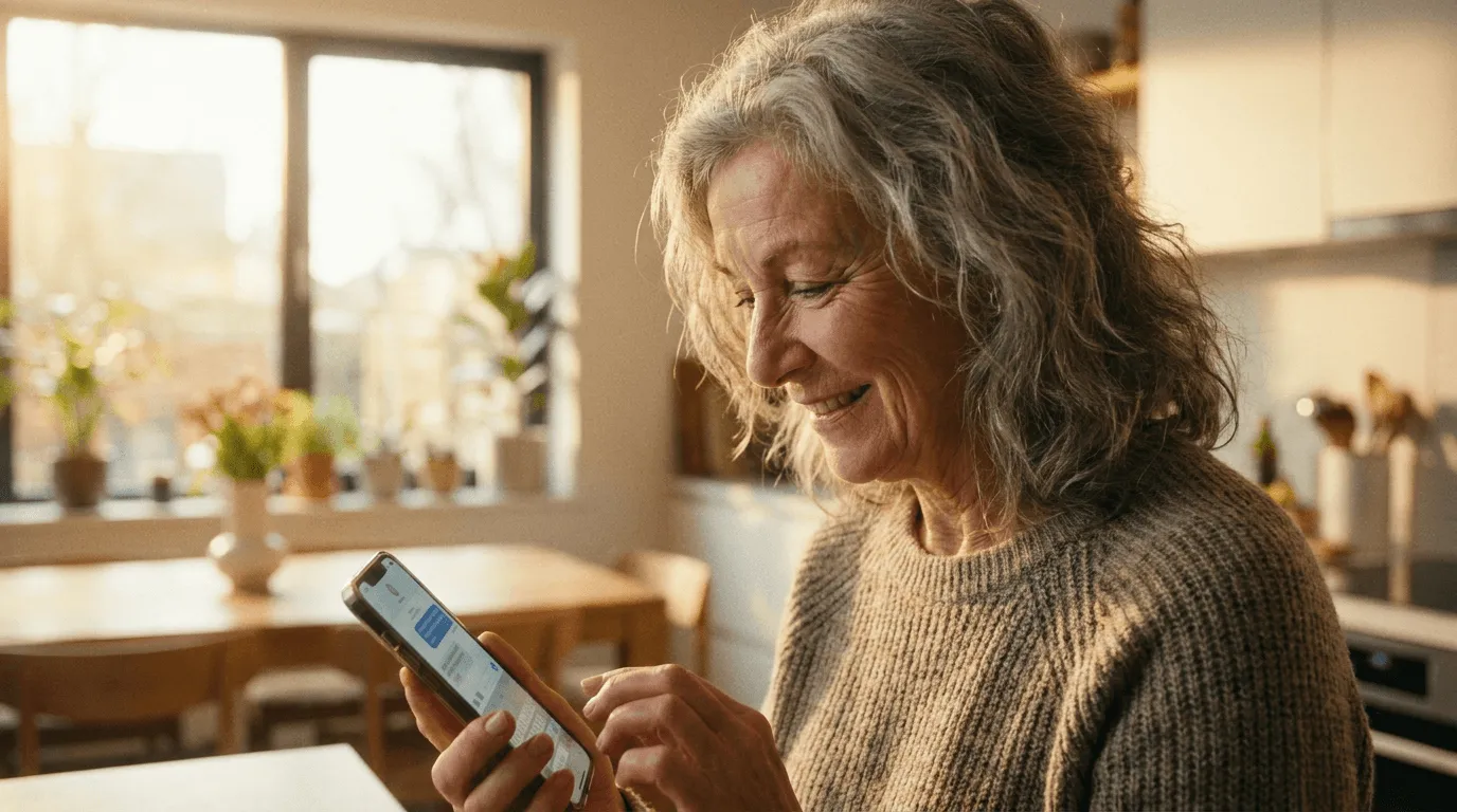 A homeowner smiling while replying to a post-appointment survey text