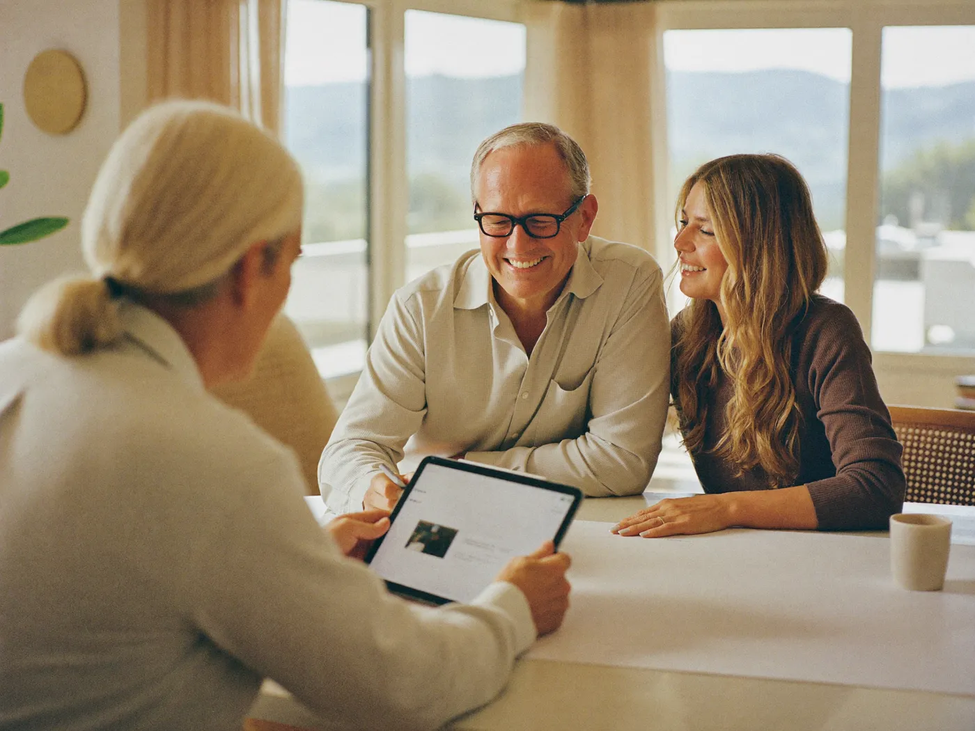 A sales consultant and homeowners reviewing a window proposal on a tablet at the kitchen table
