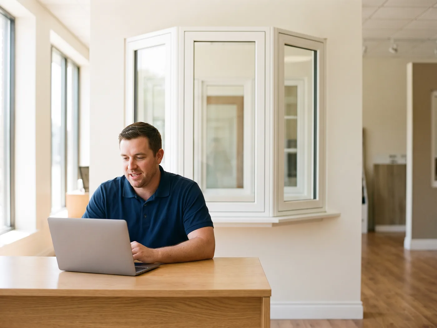 A window dealer sales rep at a showroom desk with a laptop open and a large bay window sample behind him